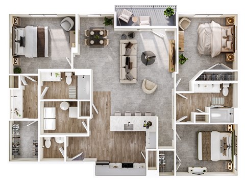 A top-down view of a house layout with various rooms and furniture.